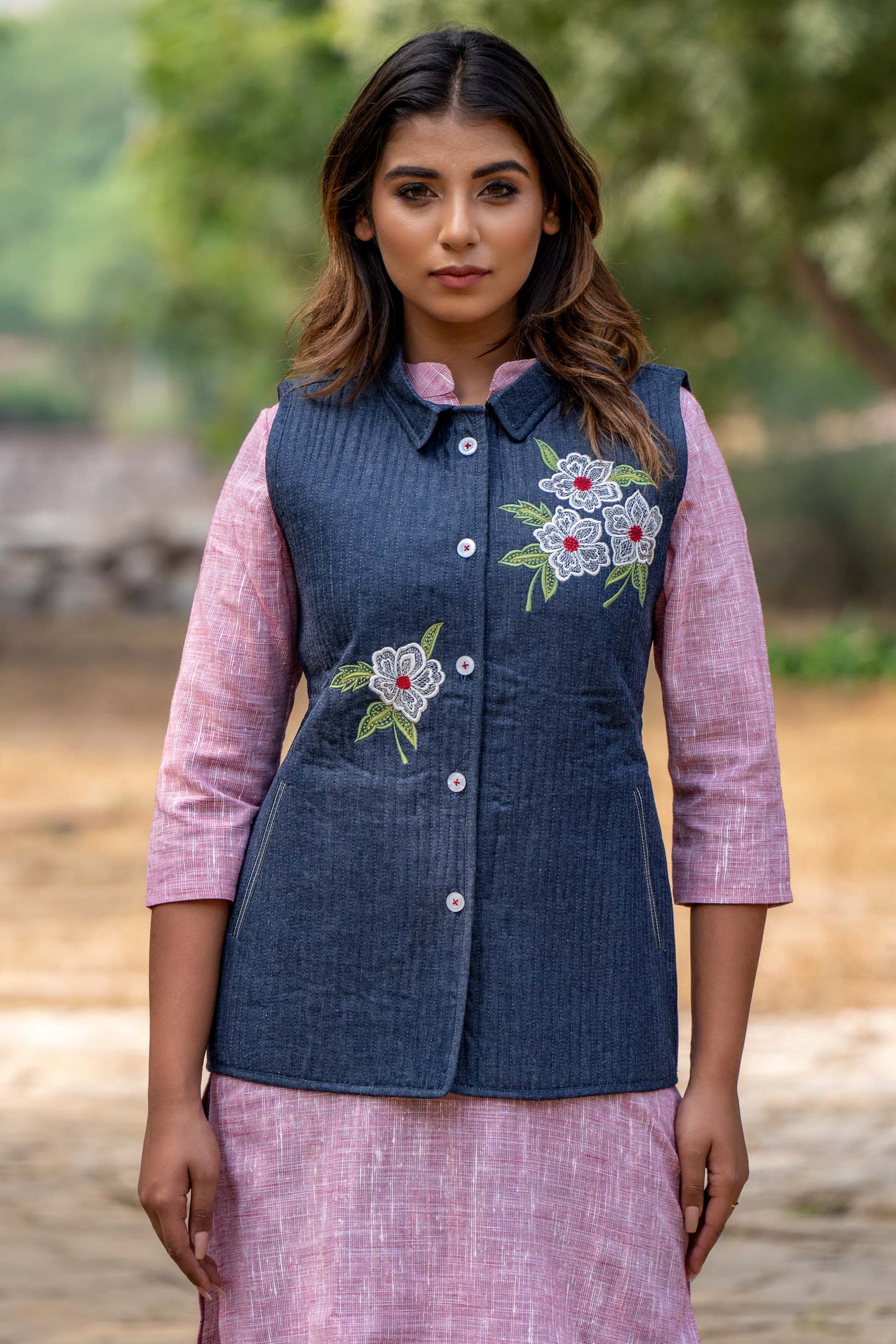 Denim Quilted Embroidered Jacket- NVQJ347