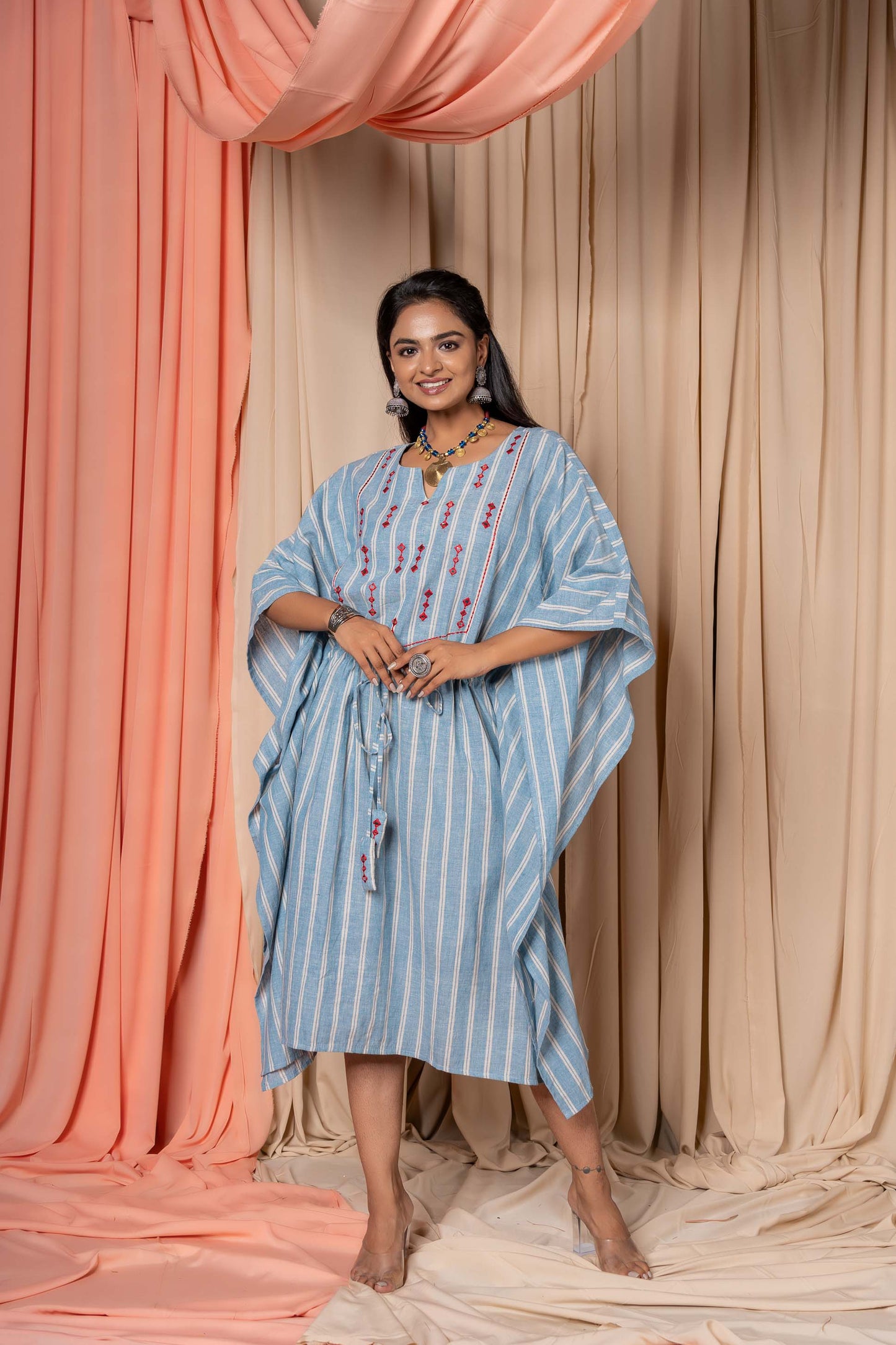 BLUE KHARI COTTON EMBROIDERED KAFTAN-NVK348