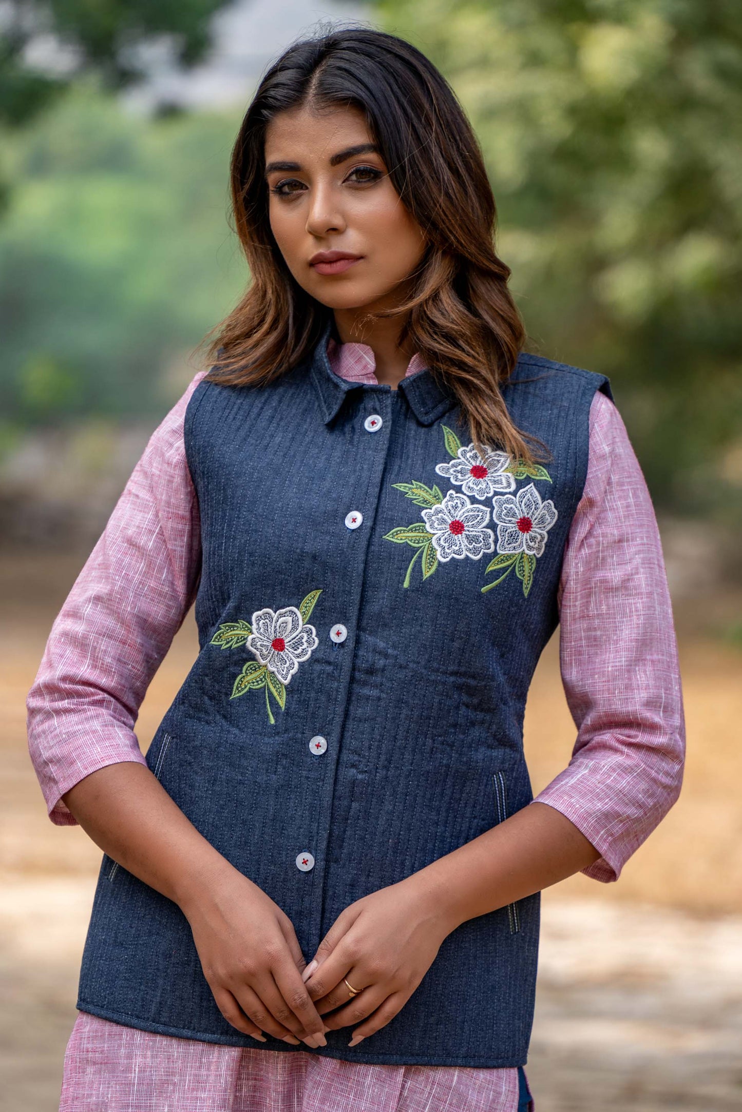 Denim Quilted Embroidered Jacket- NVQJ347