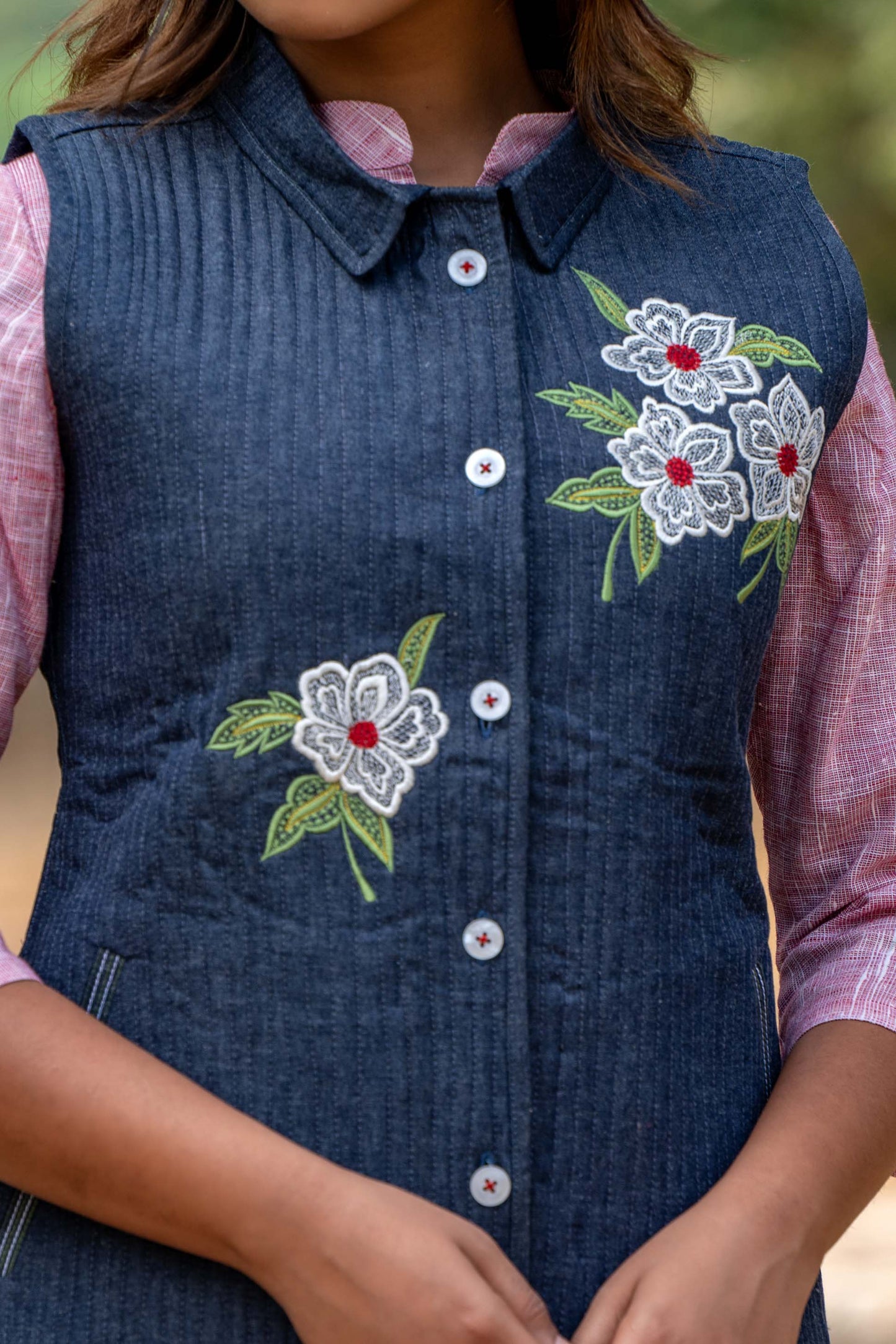 Denim Quilted Embroidered Jacket- NVQJ347