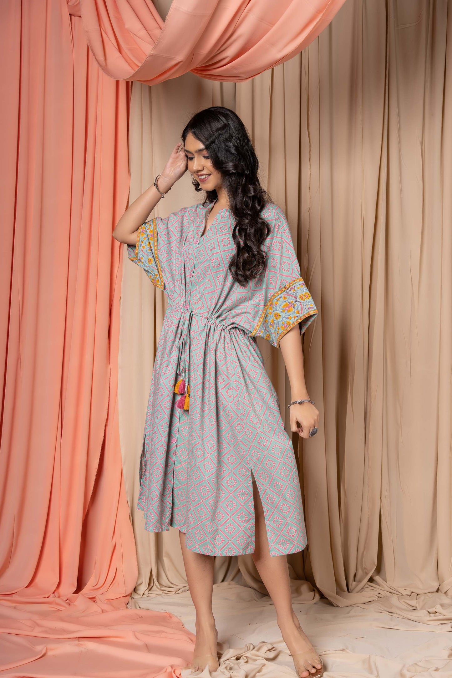 ICE GREEN BLOCK PRINTED COTTON KAFTAN-NVK332