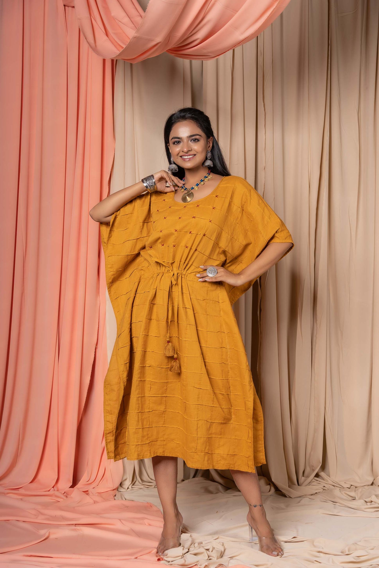 GOLDEN MUSTARD CHECKS COTTON KAFTAN-NVK349