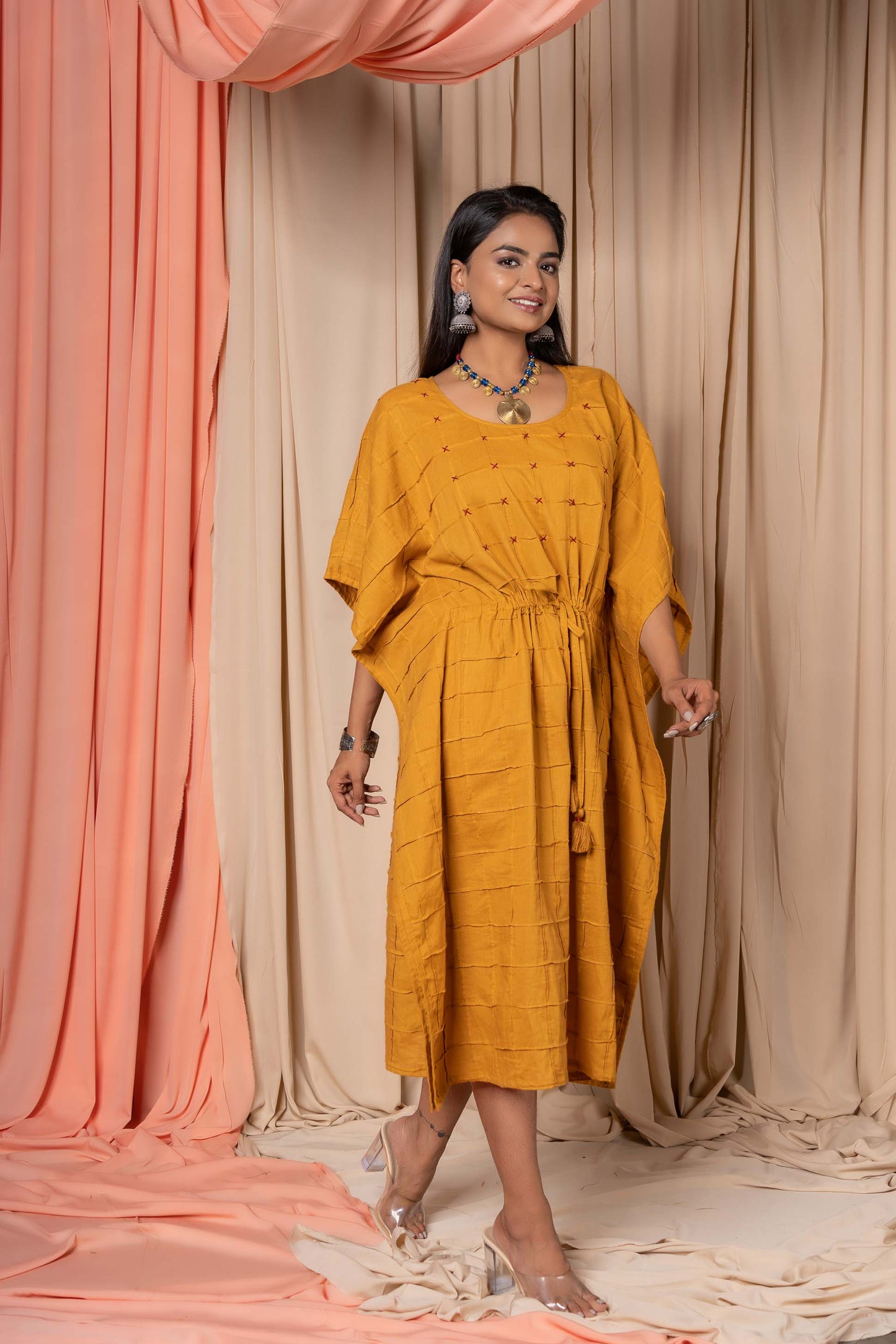 GOLDEN MUSTARD CHECKS COTTON KAFTAN-NVK349