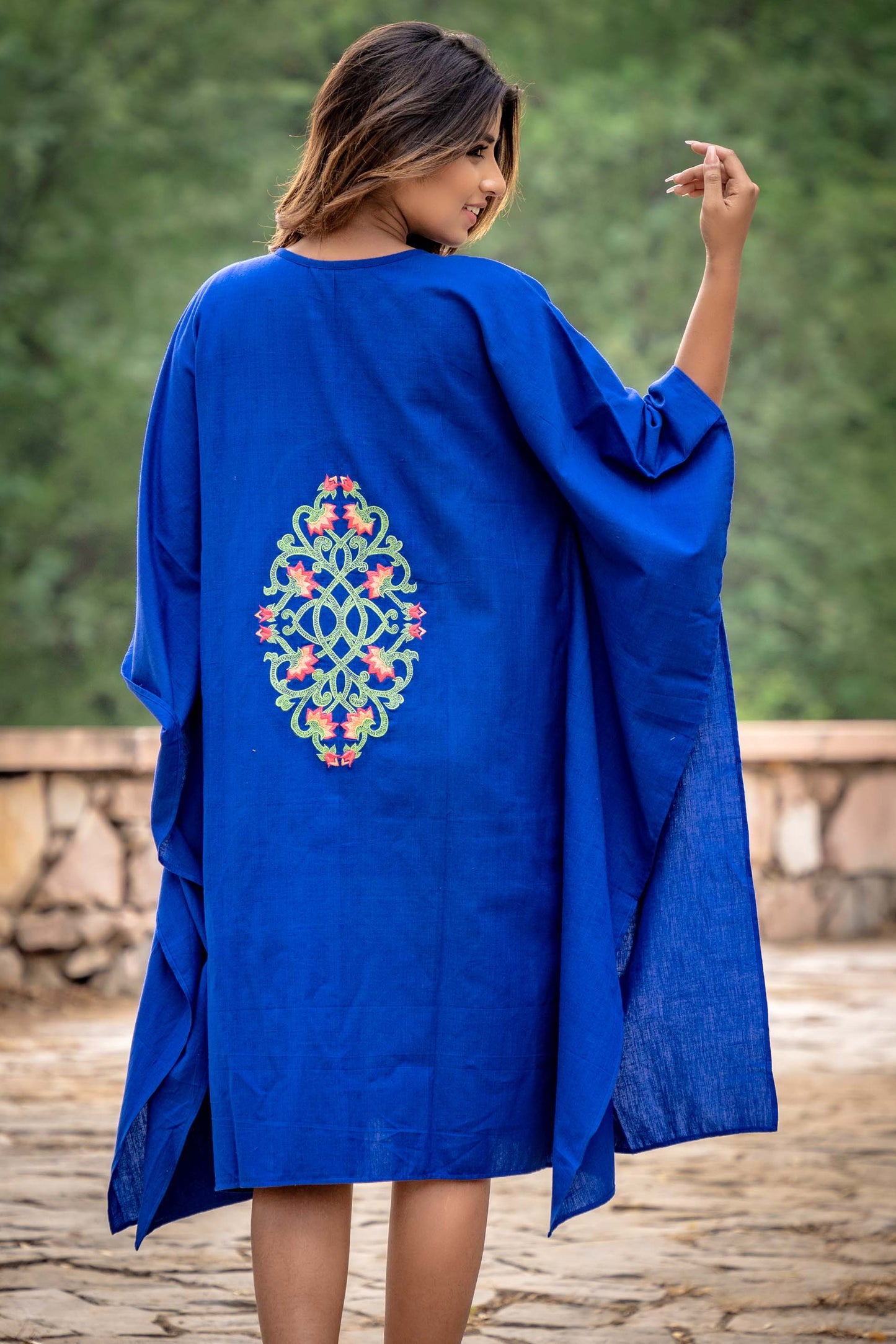 AZURE BLUE EMBROIDERED KHARI COTTON KAFTAN-NVK257