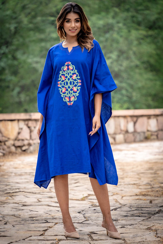 AZURE BLUE EMBROIDERED KHARI COTTON KAFTAN-NVK257