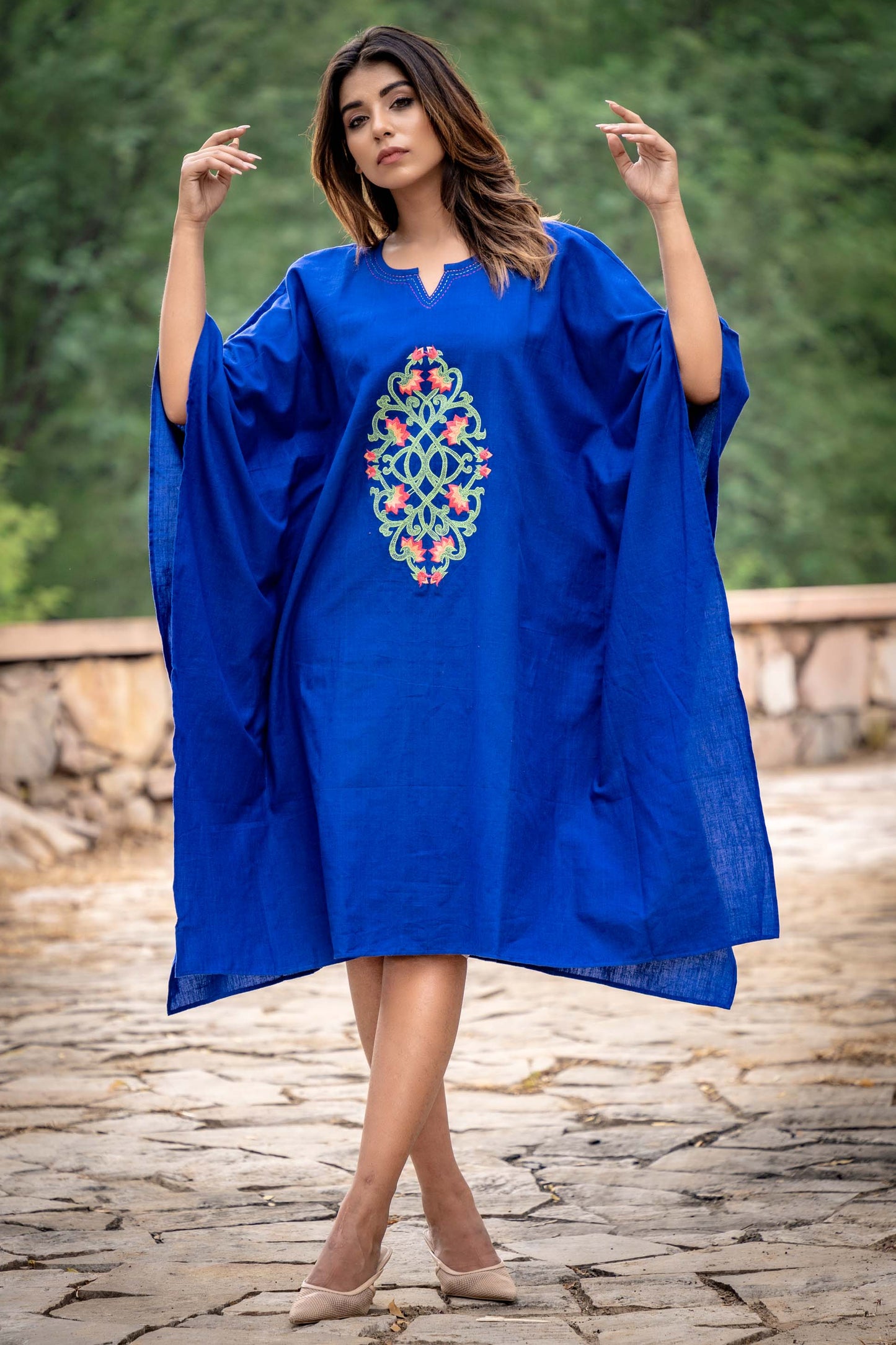 AZURE BLUE EMBROIDERED KHARI COTTON KAFTAN-NVK257