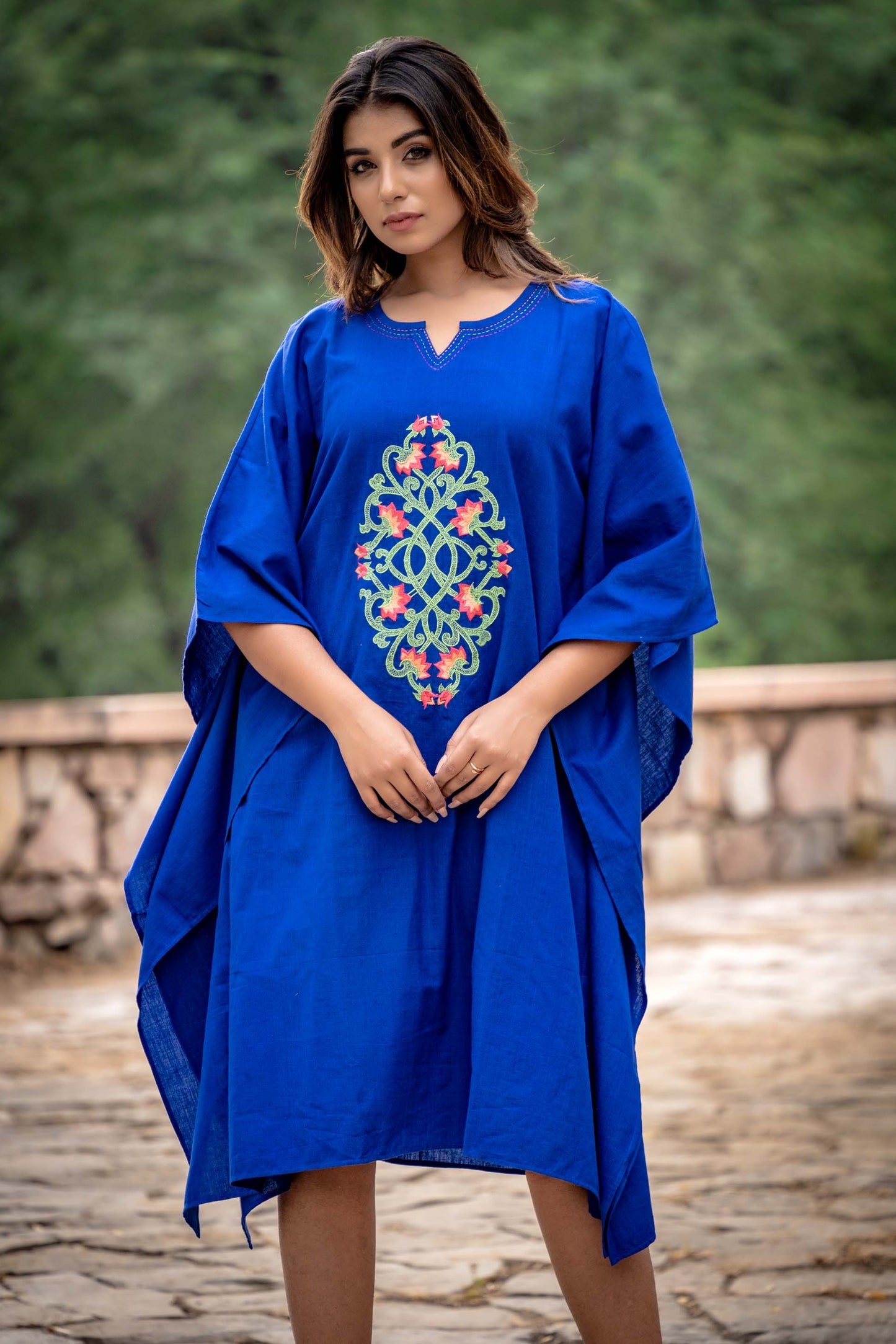 AZURE BLUE EMBROIDERED KHARI COTTON KAFTAN-NVK257