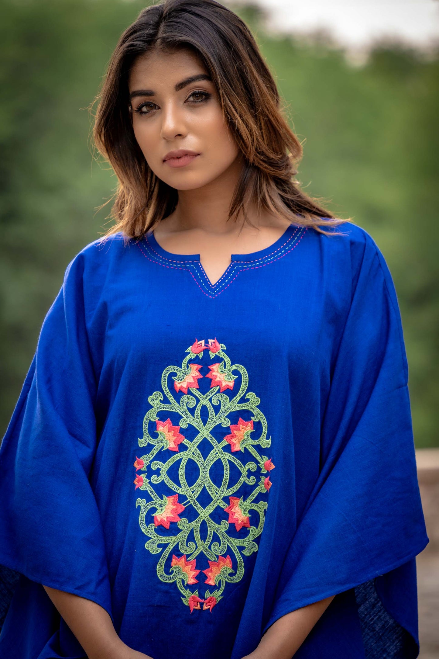 AZURE BLUE EMBROIDERED KHARI COTTON KAFTAN-NVK257