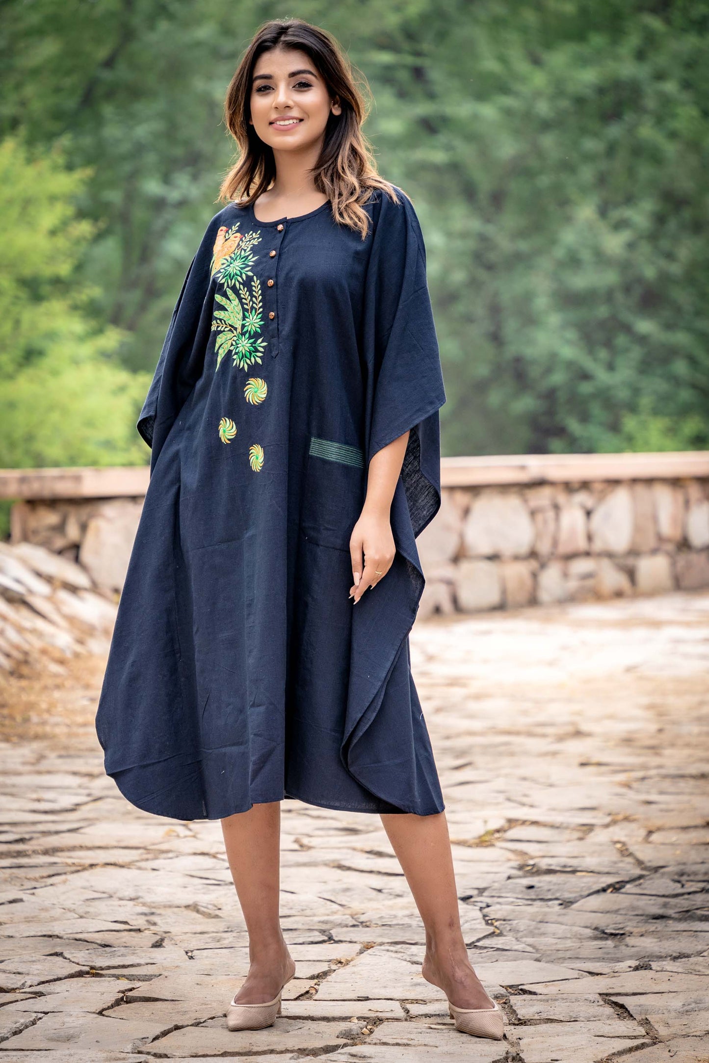 BLACK EMBROIDERED KHARI COTTON KAFTAN-NVK256