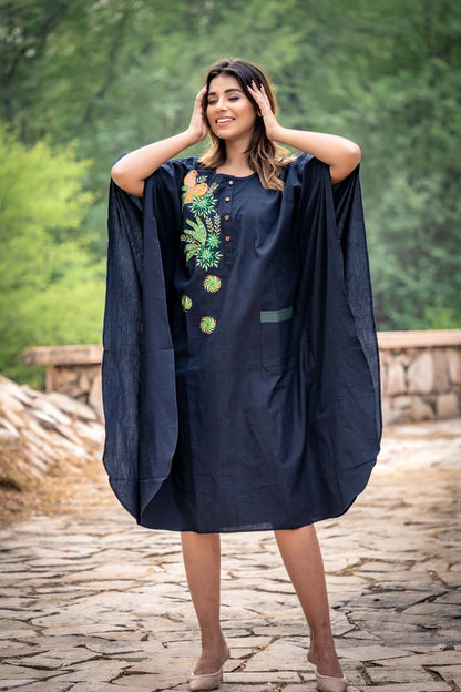 BLACK EMBROIDERED KHARI COTTON KAFTAN-NVK256