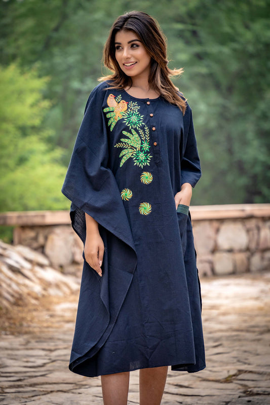 BLACK EMBROIDERED KHARI COTTON KAFTAN-NVK256