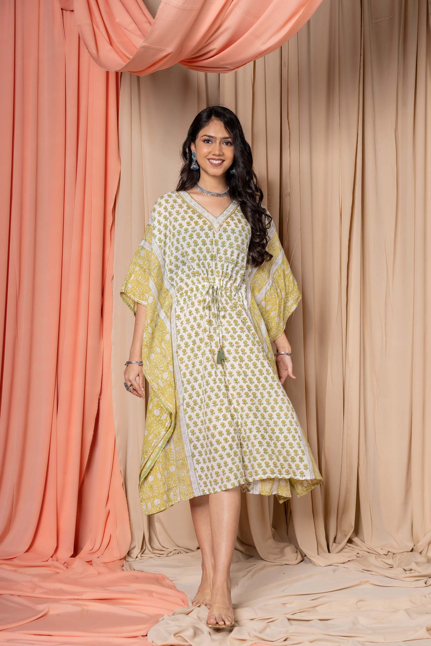 GREEN MUSLIN SILK BLOCK PRINTED KAFTAN-NVK340