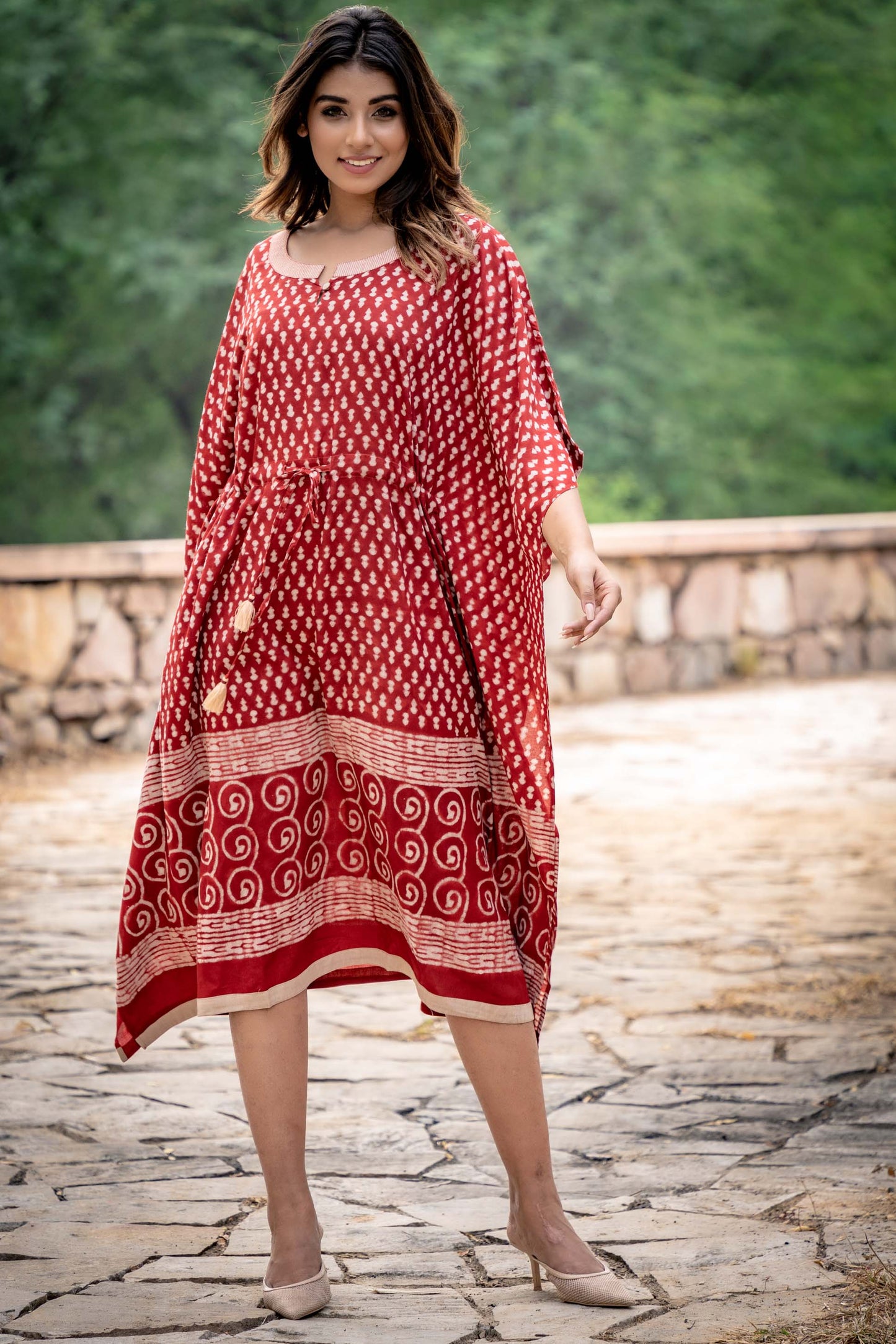 NATURAL RED BLOCK PRINTED MODAL KAFTAN-NVK254