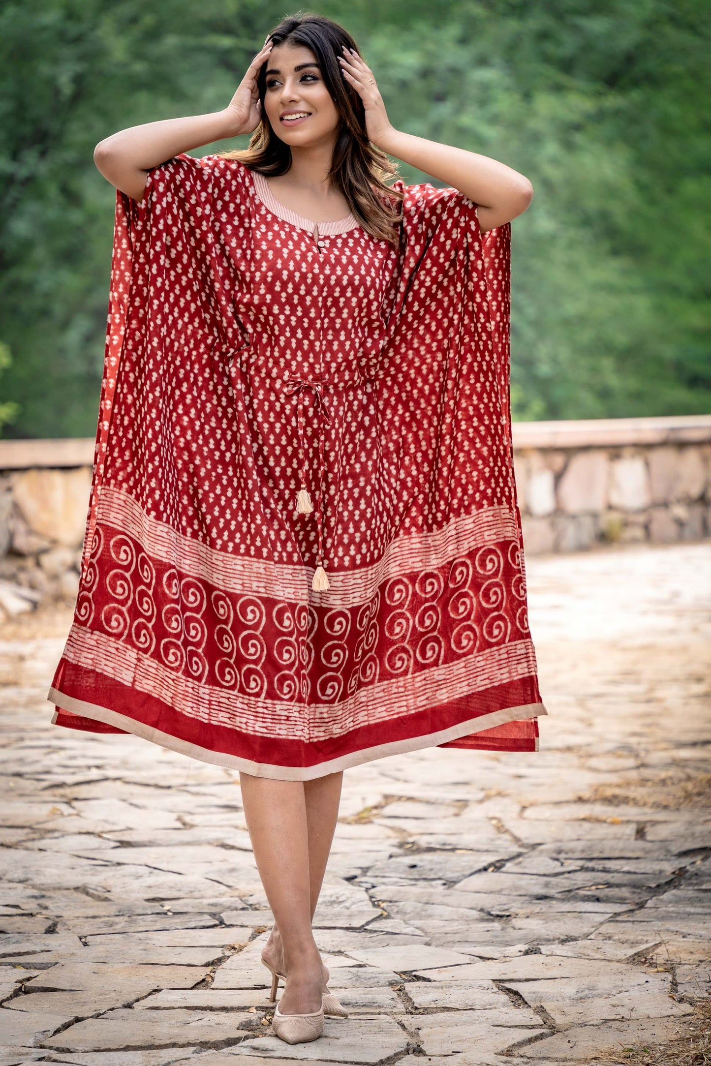 NATURAL RED BLOCK PRINTED MODAL KAFTAN-NVK254