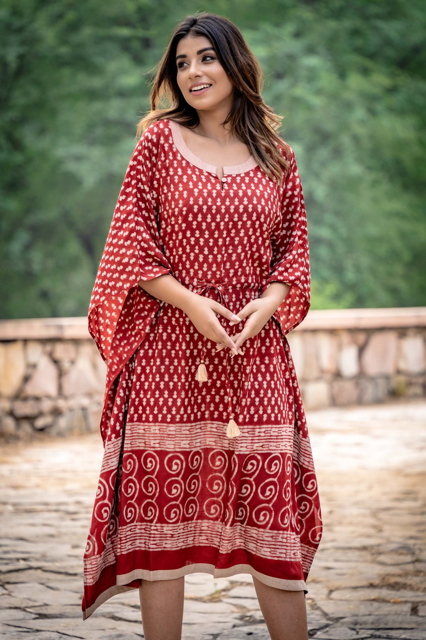 NATURAL RED BLOCK PRINTED MODAL KAFTAN-NVK254