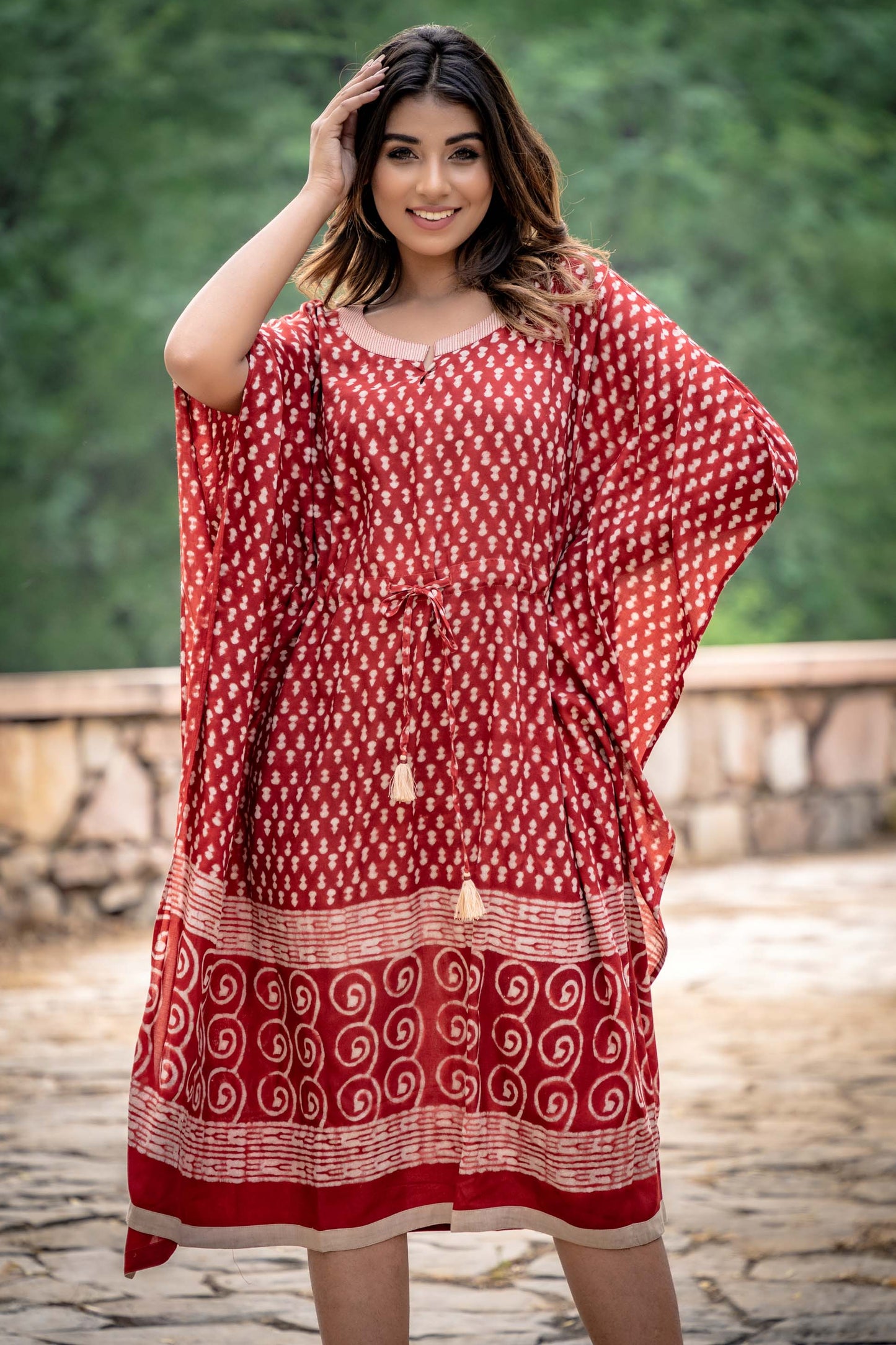 NATURAL RED BLOCK PRINTED MODAL KAFTAN-NVK254