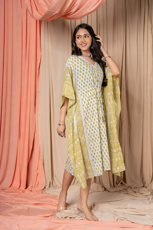 GREEN MUSLIN SILK BLOCK PRINTED KAFTAN-NVK340