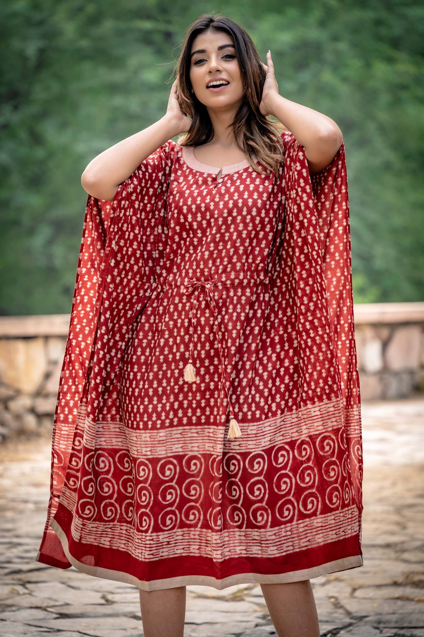 NATURAL RED BLOCK PRINTED MODAL KAFTAN-NVK254