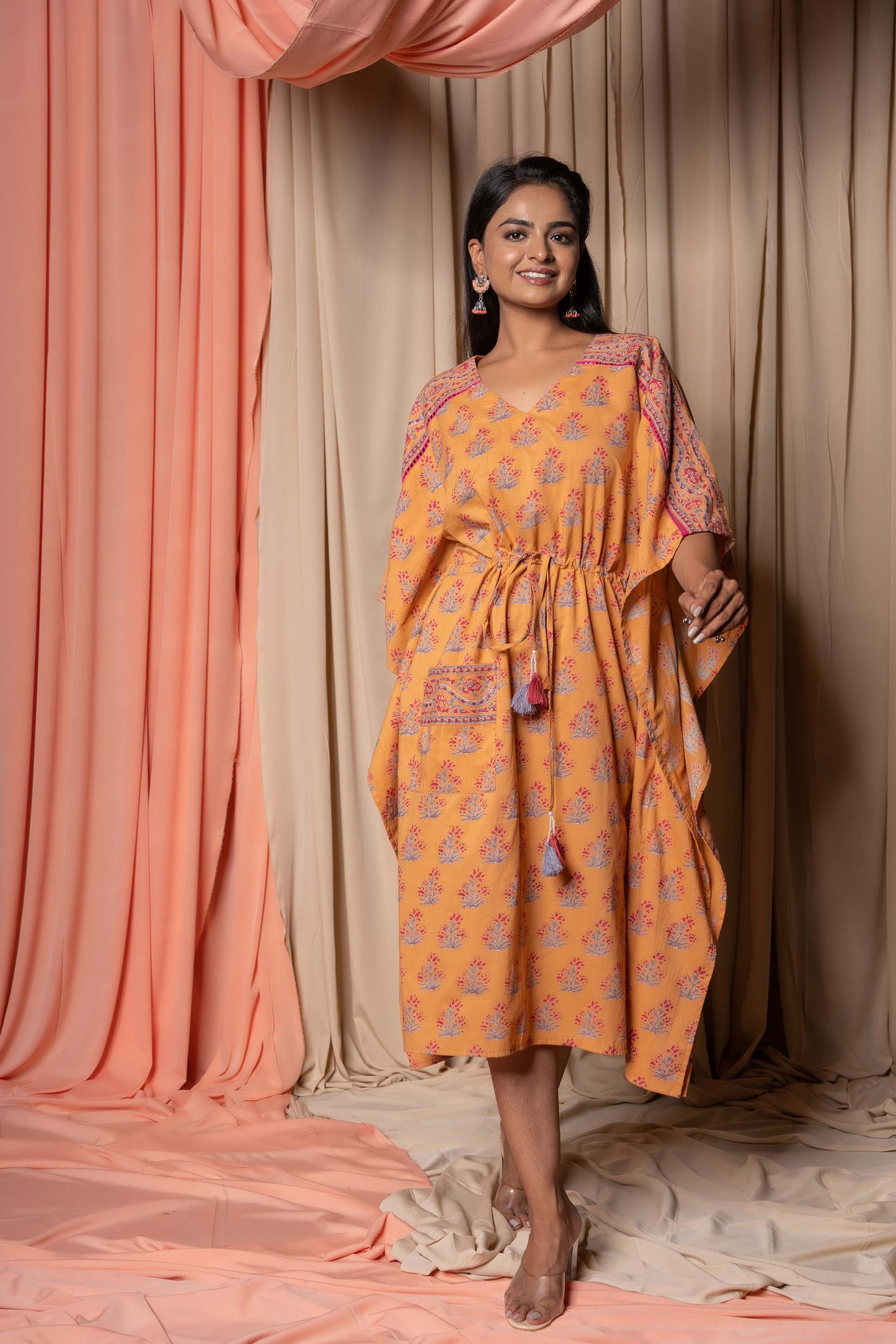 GOLDEN APRICOT BLOCK PRINTED COTTON KAFTAN-NVK339