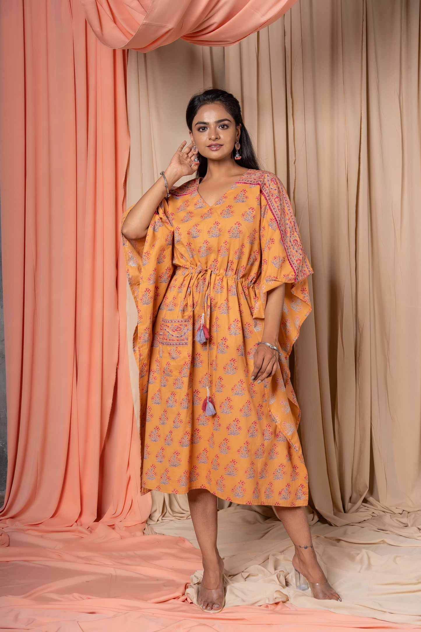 GOLDEN APRICOT BLOCK PRINTED COTTON KAFTAN-NVK339