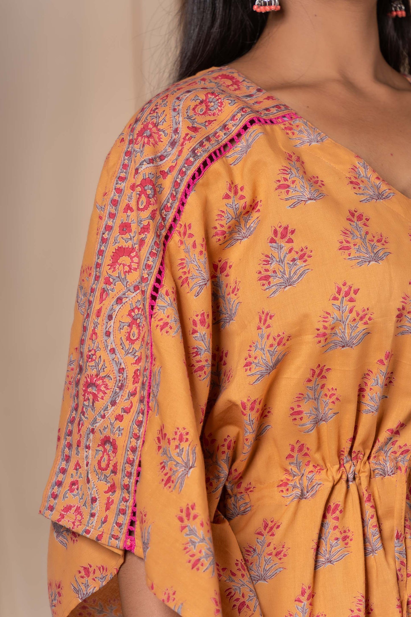 GOLDEN APRICOT BLOCK PRINTED COTTON KAFTAN-NVK339