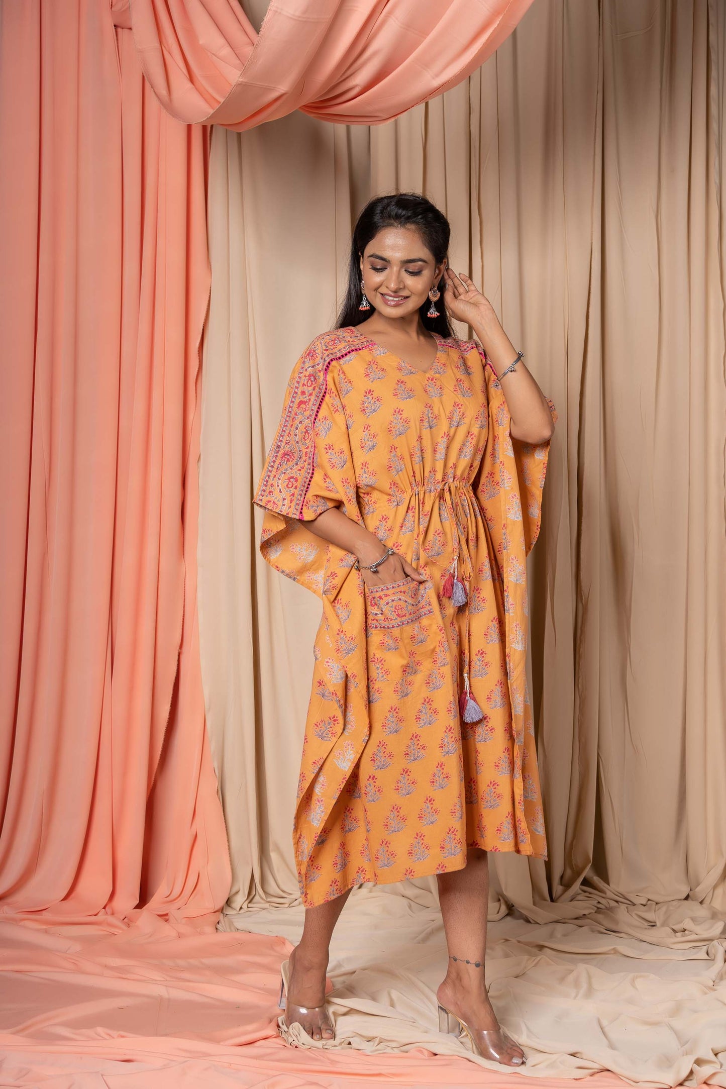 GOLDEN APRICOT BLOCK PRINTED COTTON KAFTAN-NVK339