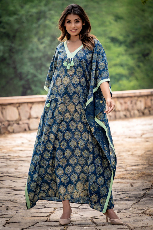 AJRAKH BLUE BLOCK PRINTED KAFTAN-NVK261