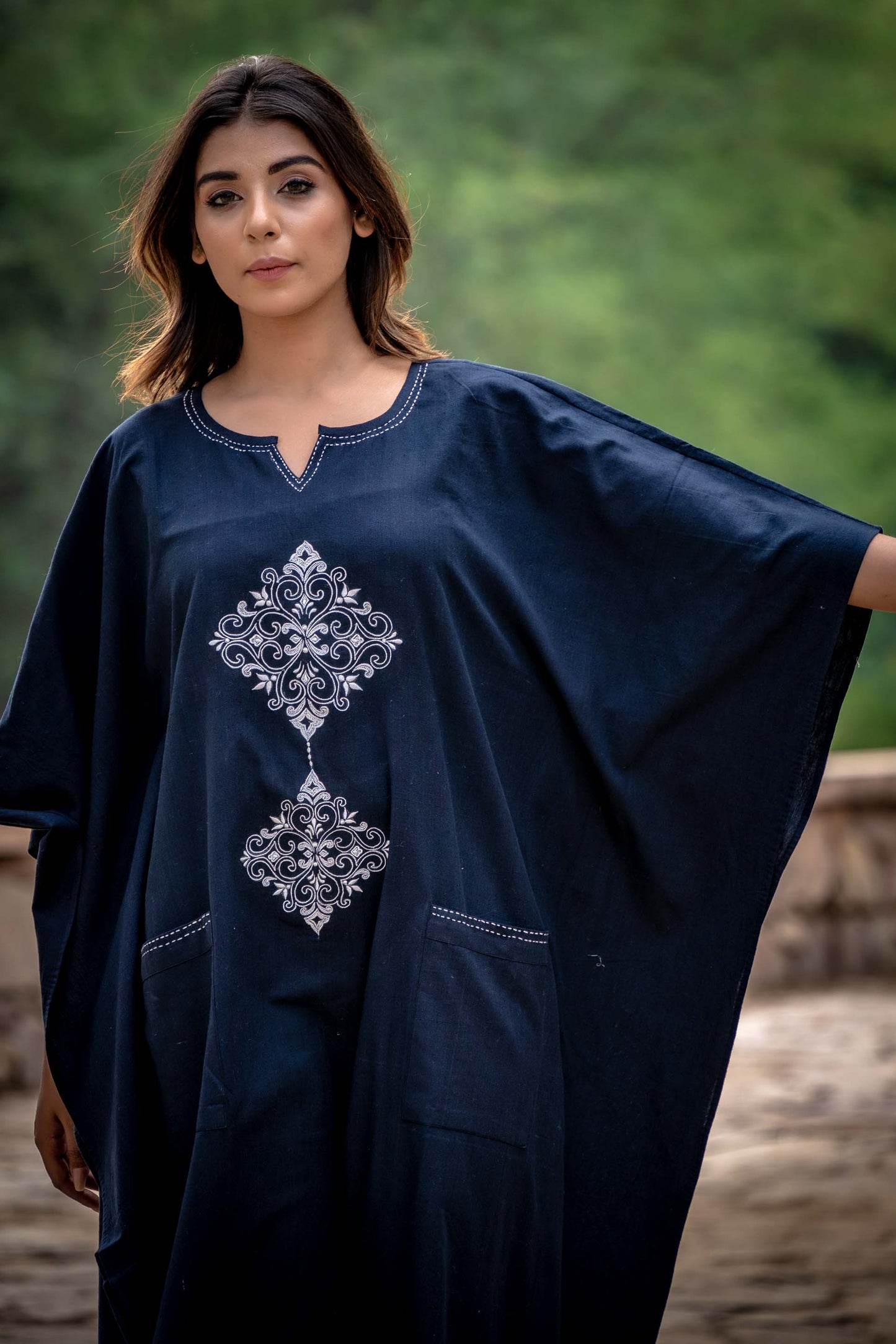 BLACK EMBROIDERED KHARI COTTON KAFTAN-NVK259