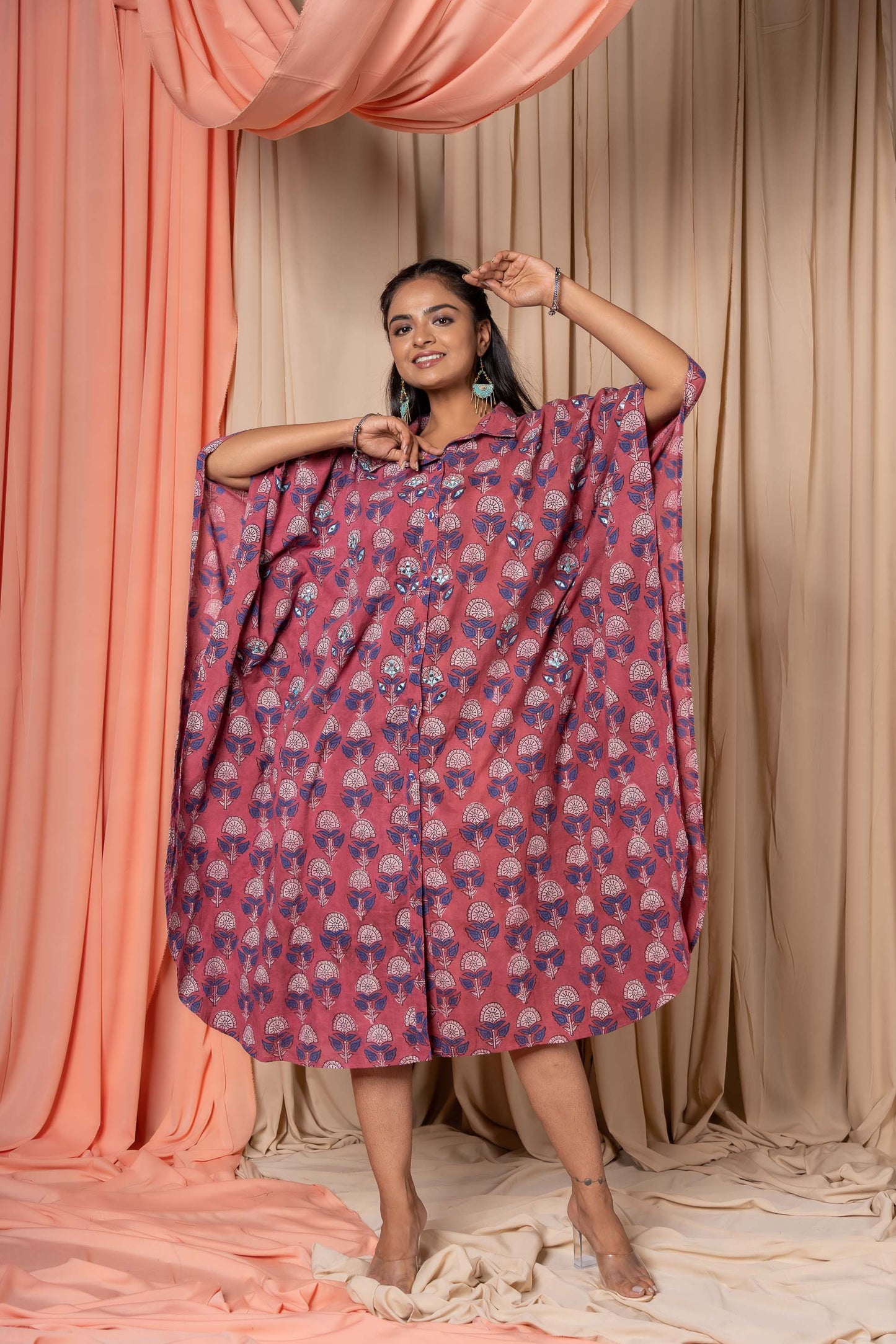 ROSE WINE BLOCK PRINTED SHIRT KAFTAN-NVK347