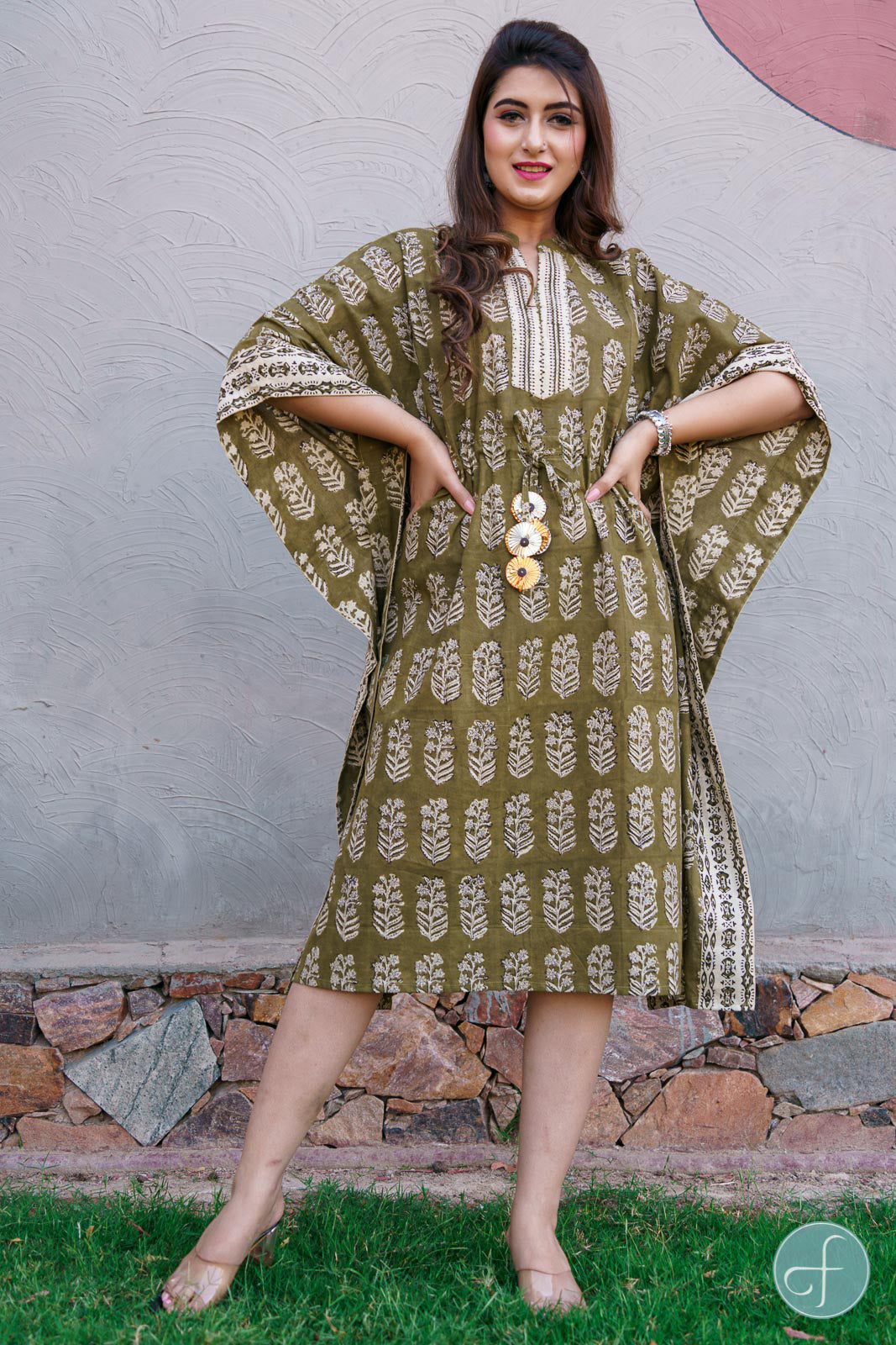 HERBAL GREEN BLOCK PRINT KAFTAN -NVK183