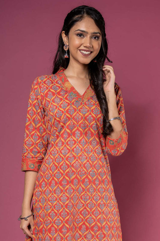 TANGO RED BLOCK PRINTED KURTA -KS489