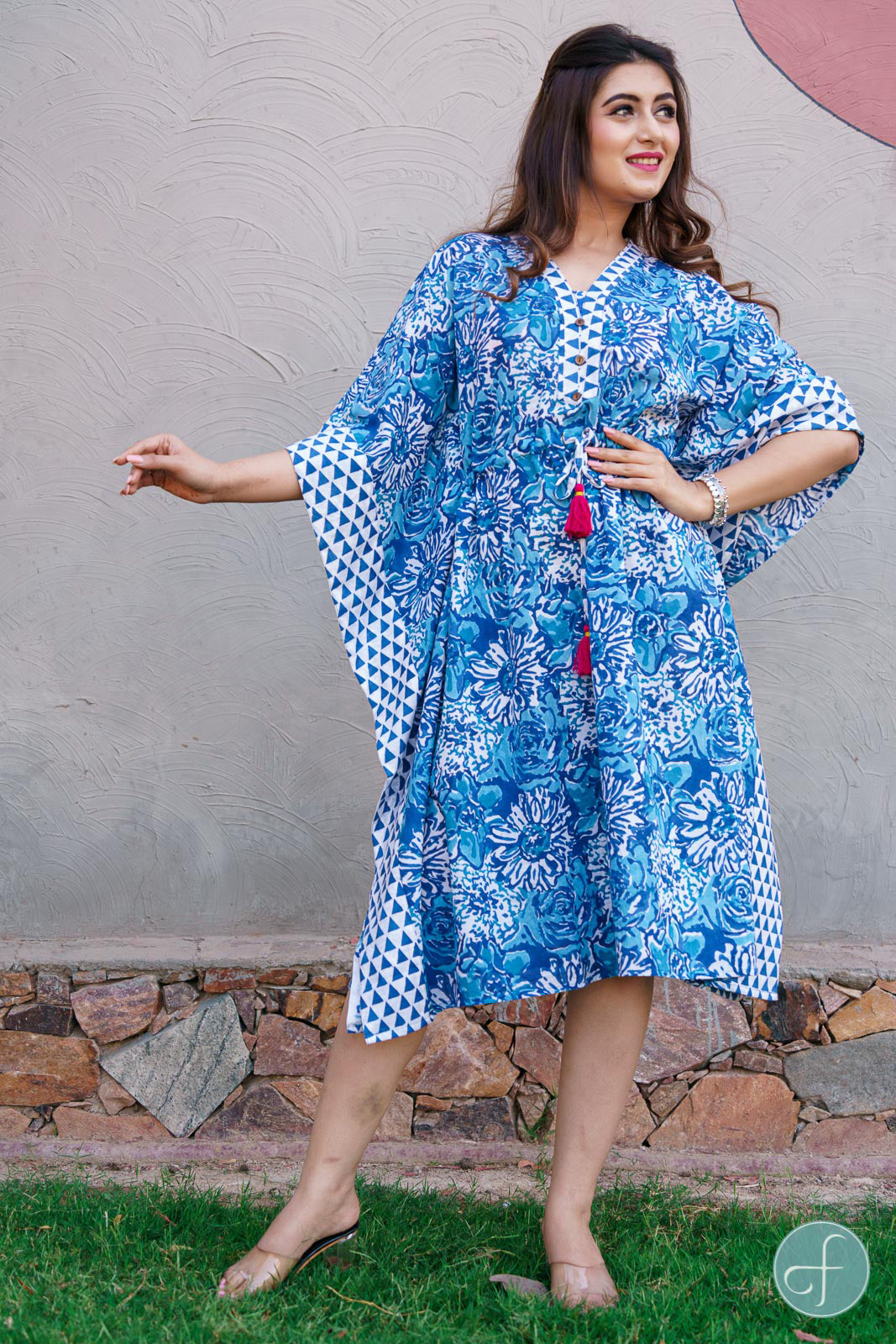 BLUE BORDERED BLOCK PRINT KAFTAN -NVK189