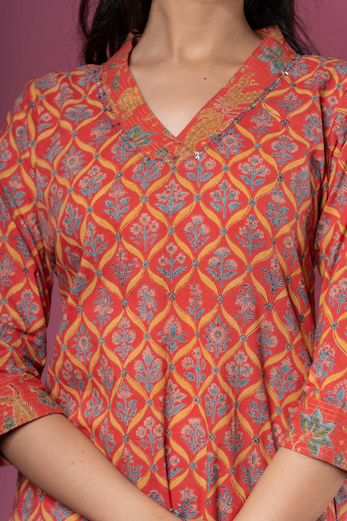 TANGO RED BLOCK PRINTED KURTA -KS489