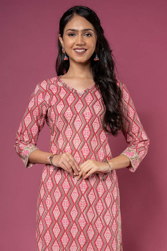 PINK DIAMOND BLOCK PRINTED KURTA -KS485