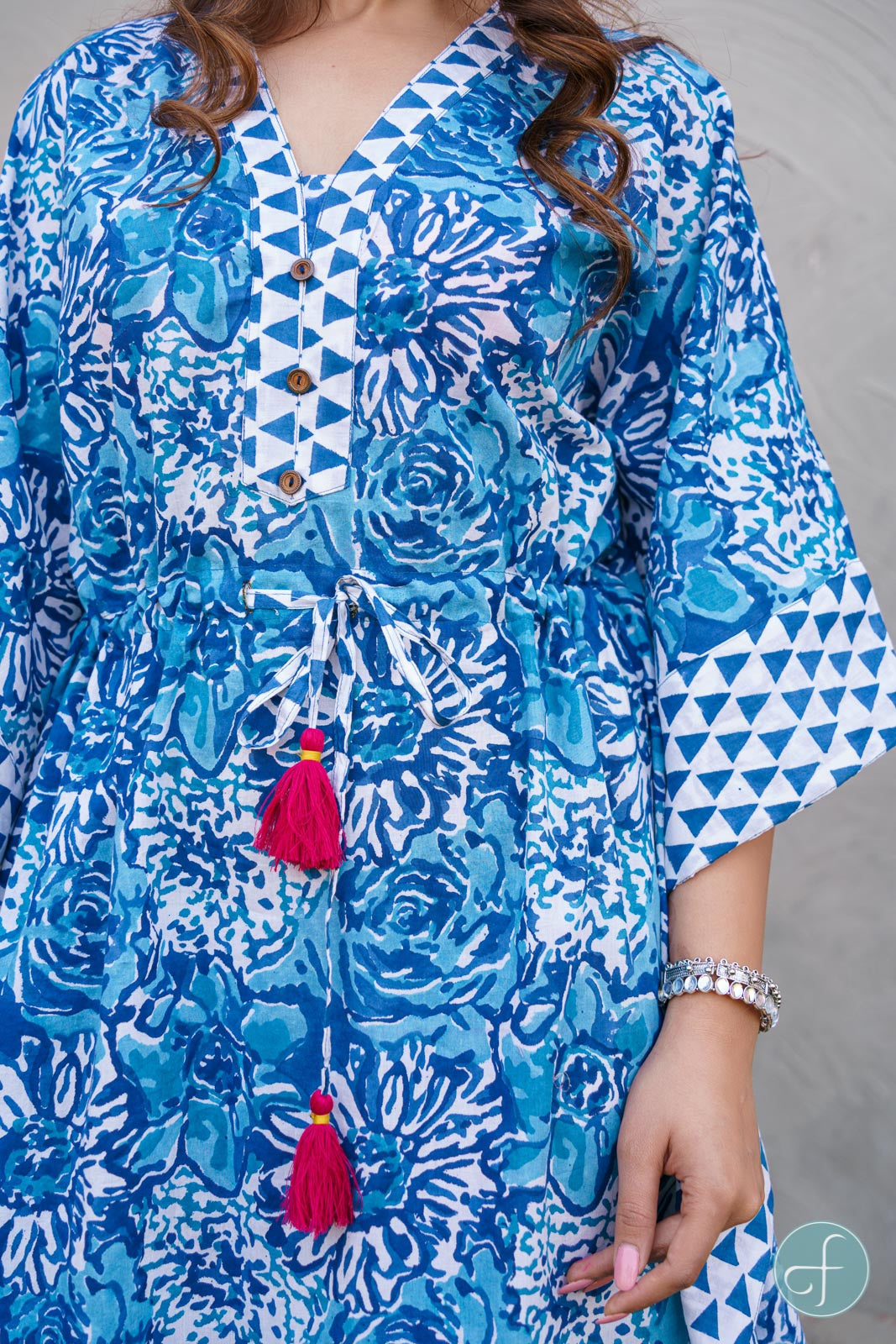 BLUE BORDERED BLOCK PRINT KAFTAN -NVK189