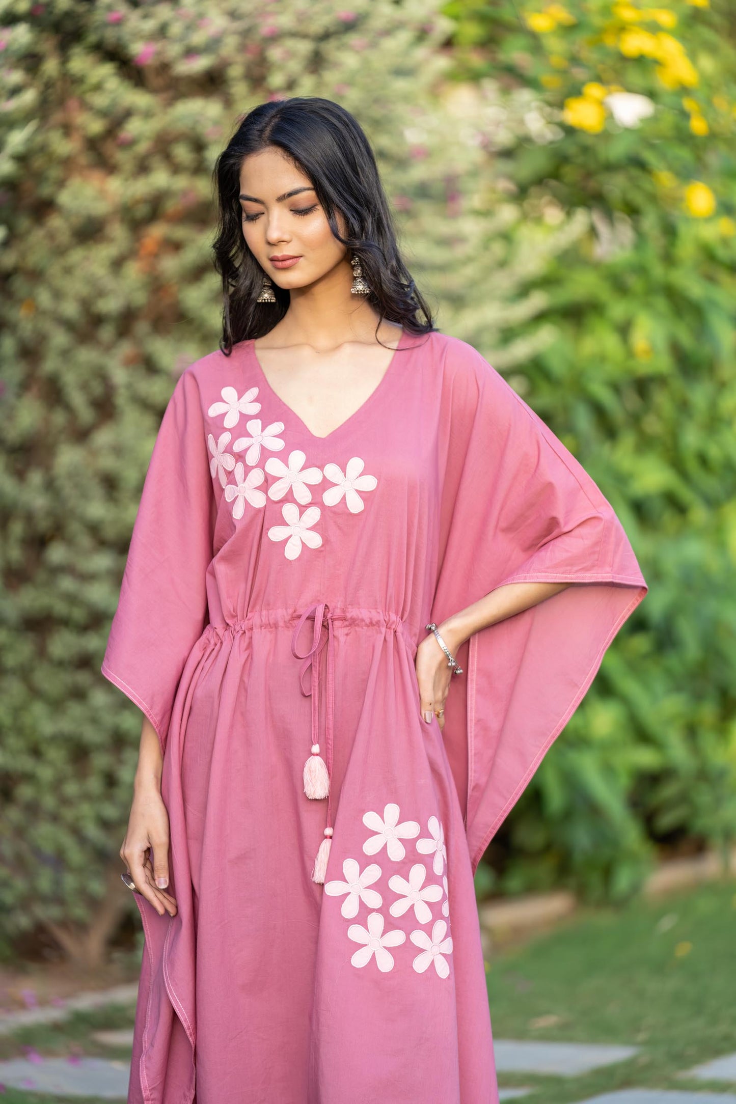 PINK APPLIQUE WORK COTTON KAFTAN-NVK411