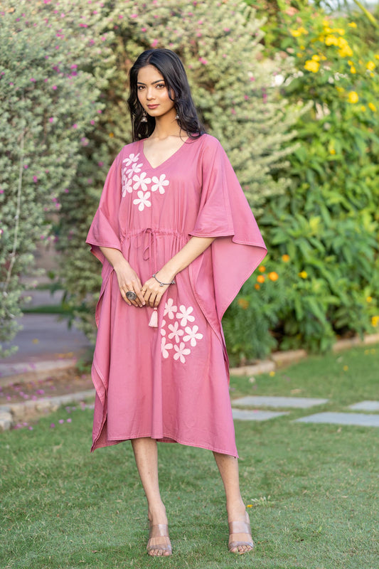 PINK APPLIQUE WORK COTTON KAFTAN-NVK411