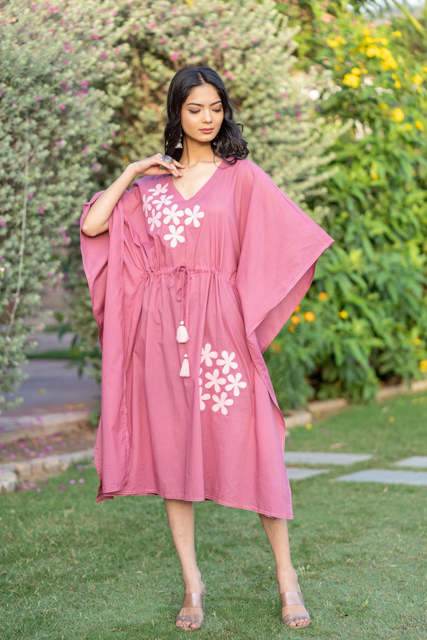 PINK APPLIQUE WORK COTTON KAFTAN-NVK411