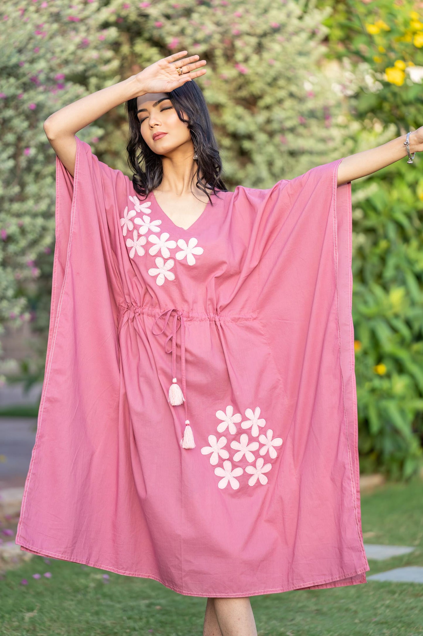 PINK APPLIQUE WORK COTTON KAFTAN-NVK411