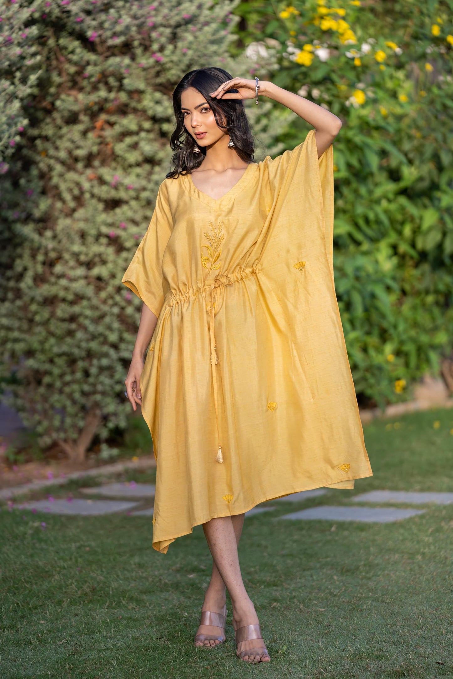 MANGO YELLOW EMBROIDERED DOLA SILK KAFTAN-NVK409