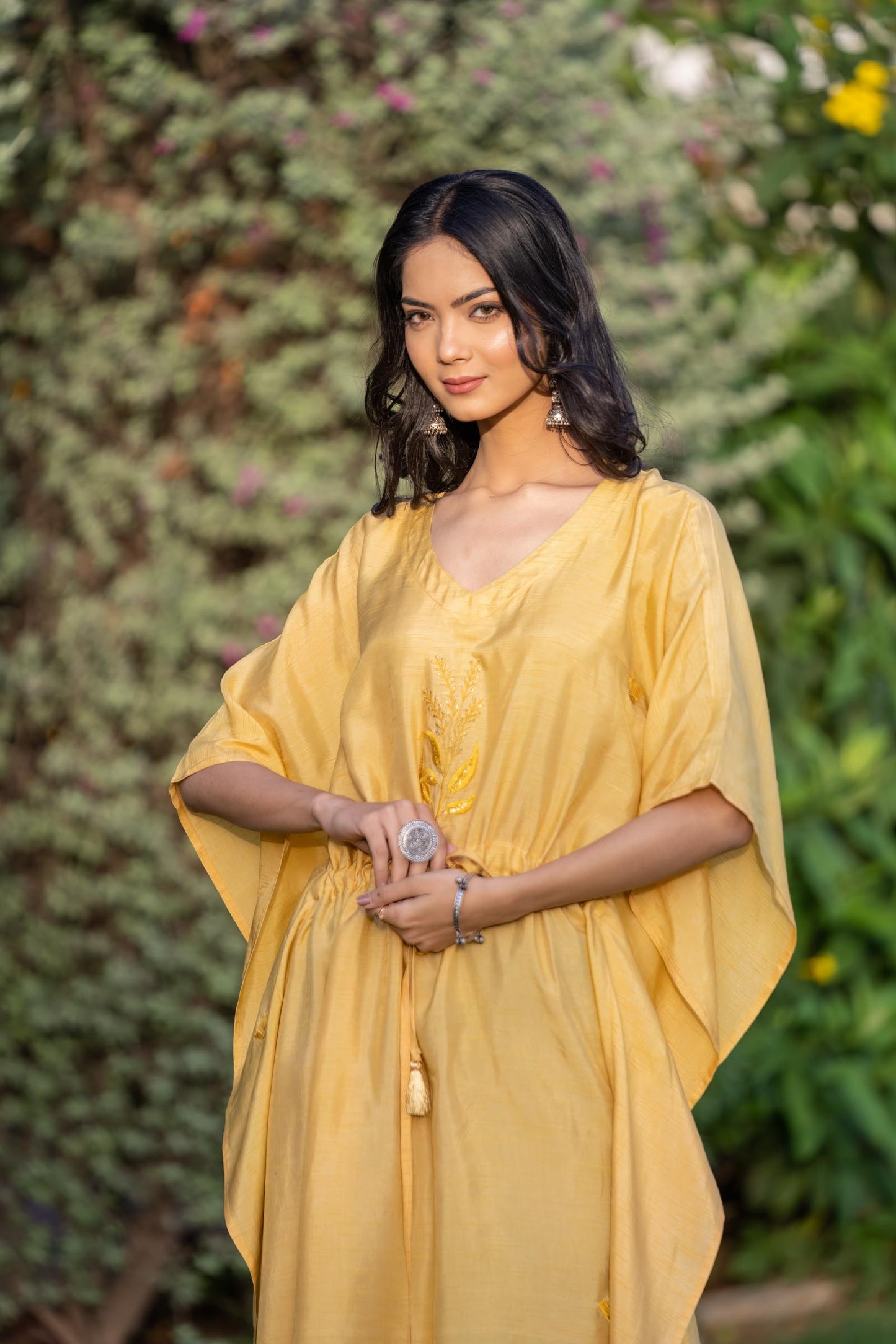 MANGO YELLOW EMBROIDERED DOLA SILK KAFTAN-NVK409