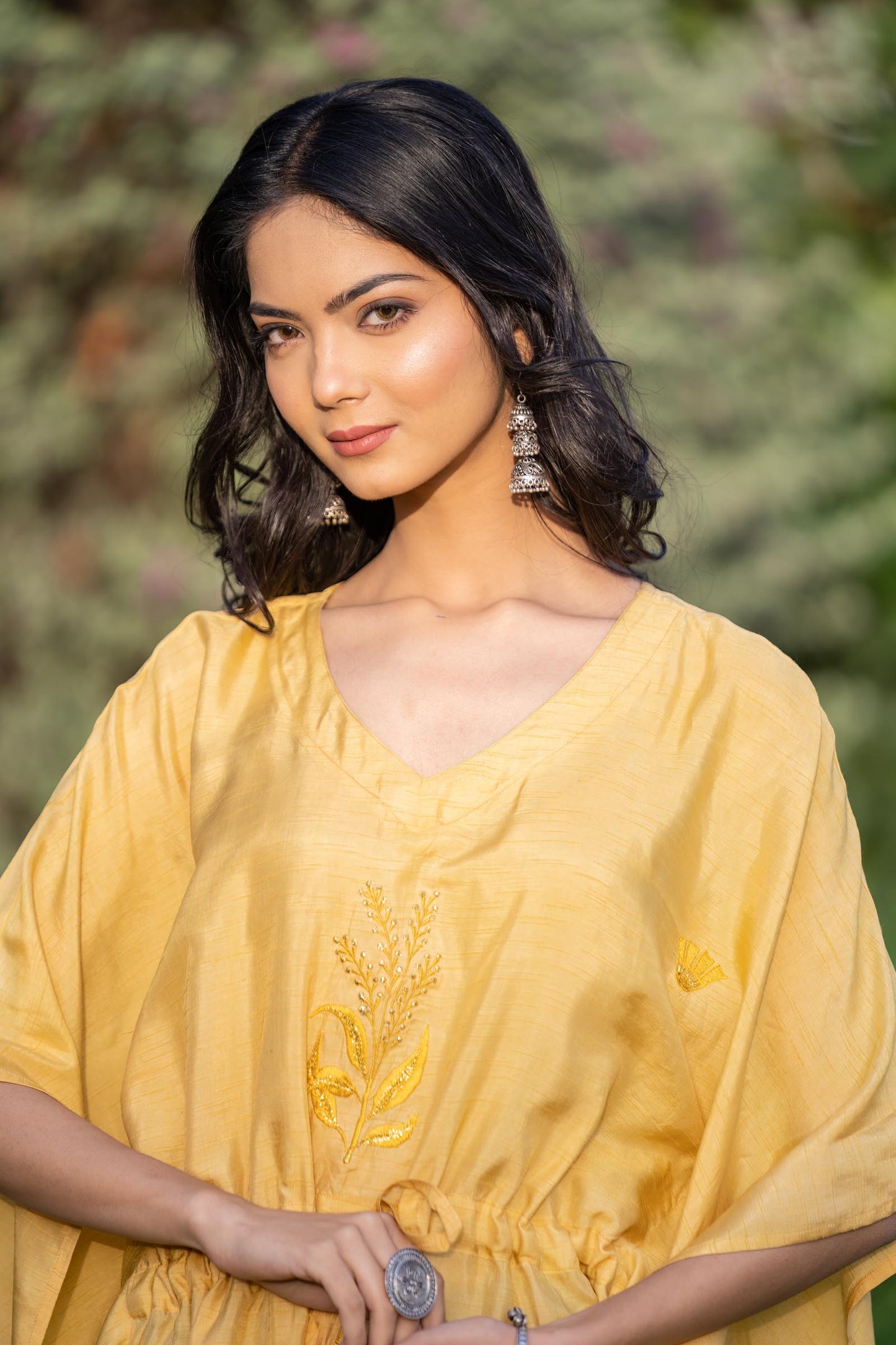 MANGO YELLOW EMBROIDERED DOLA SILK KAFTAN-NVK409