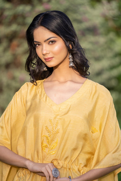 MANGO YELLOW EMBROIDERED DOLA SILK KAFTAN-NVK409