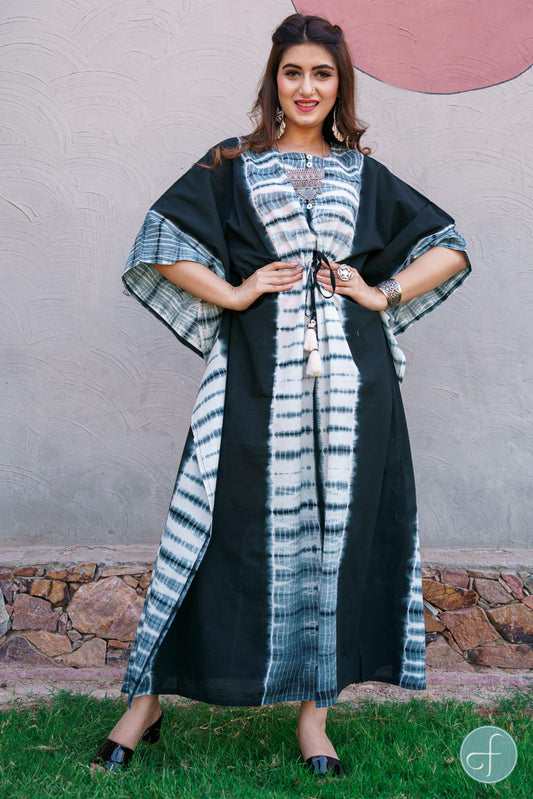 BLACK AND WHITE SHIBORI COTTON KAFTAN DRESS-NVK198