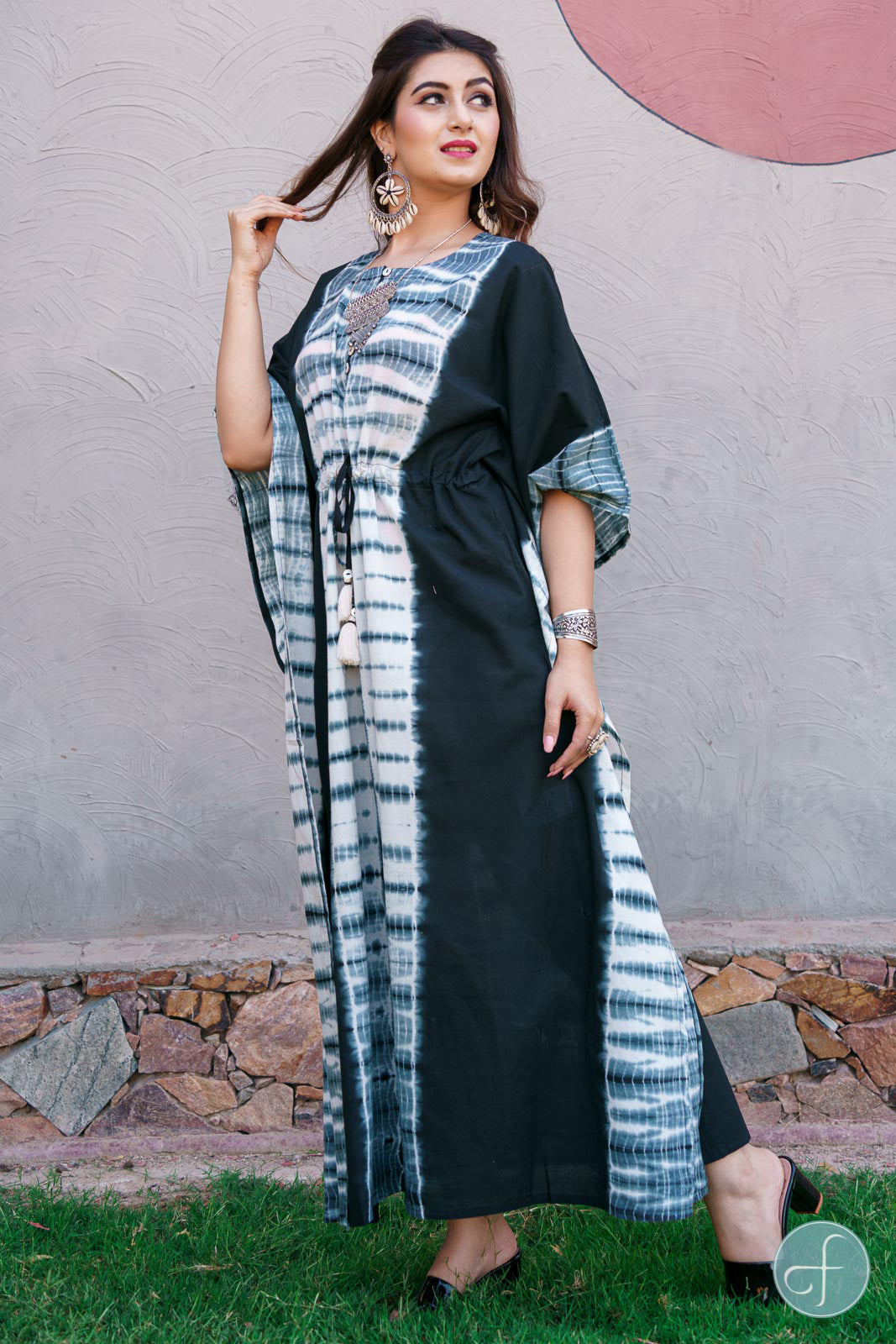 BLACK AND WHITE SHIBORI COTTON KAFTAN DRESS-NVK198