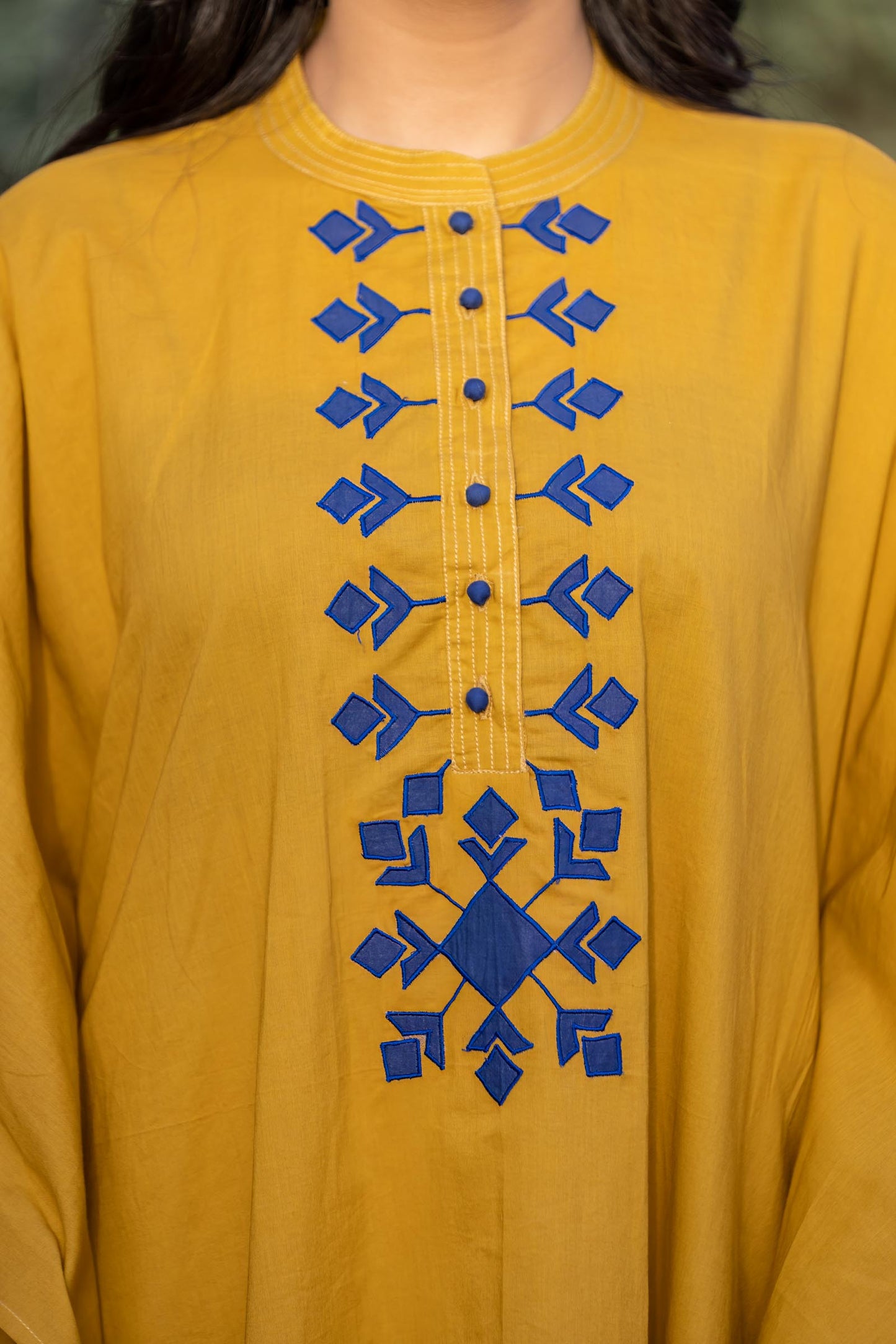 MUSTARD BLUE APPLIQUE WORK COTTON KAFTAN-NVK412