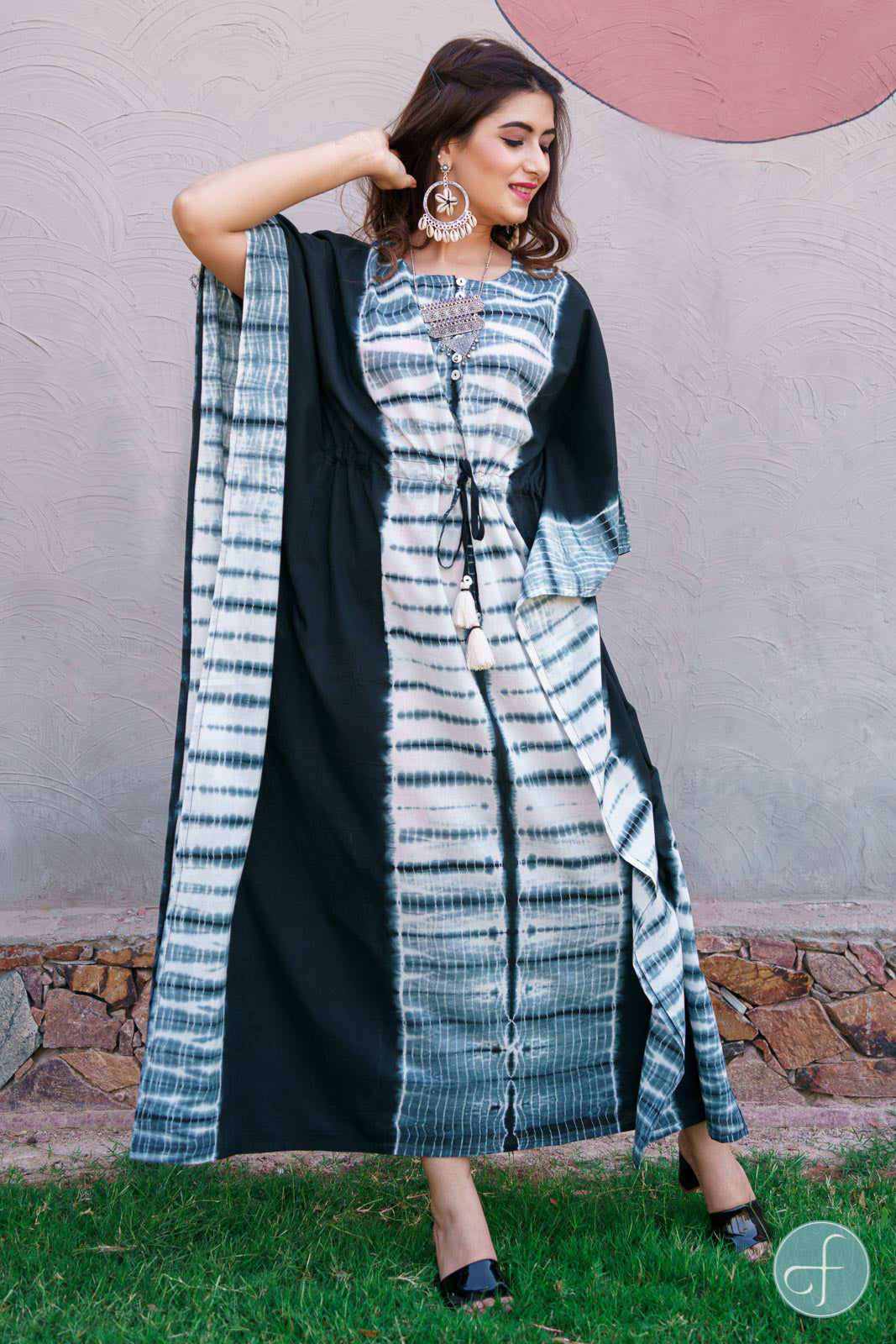 BLACK AND WHITE SHIBORI COTTON KAFTAN DRESS-NVK198