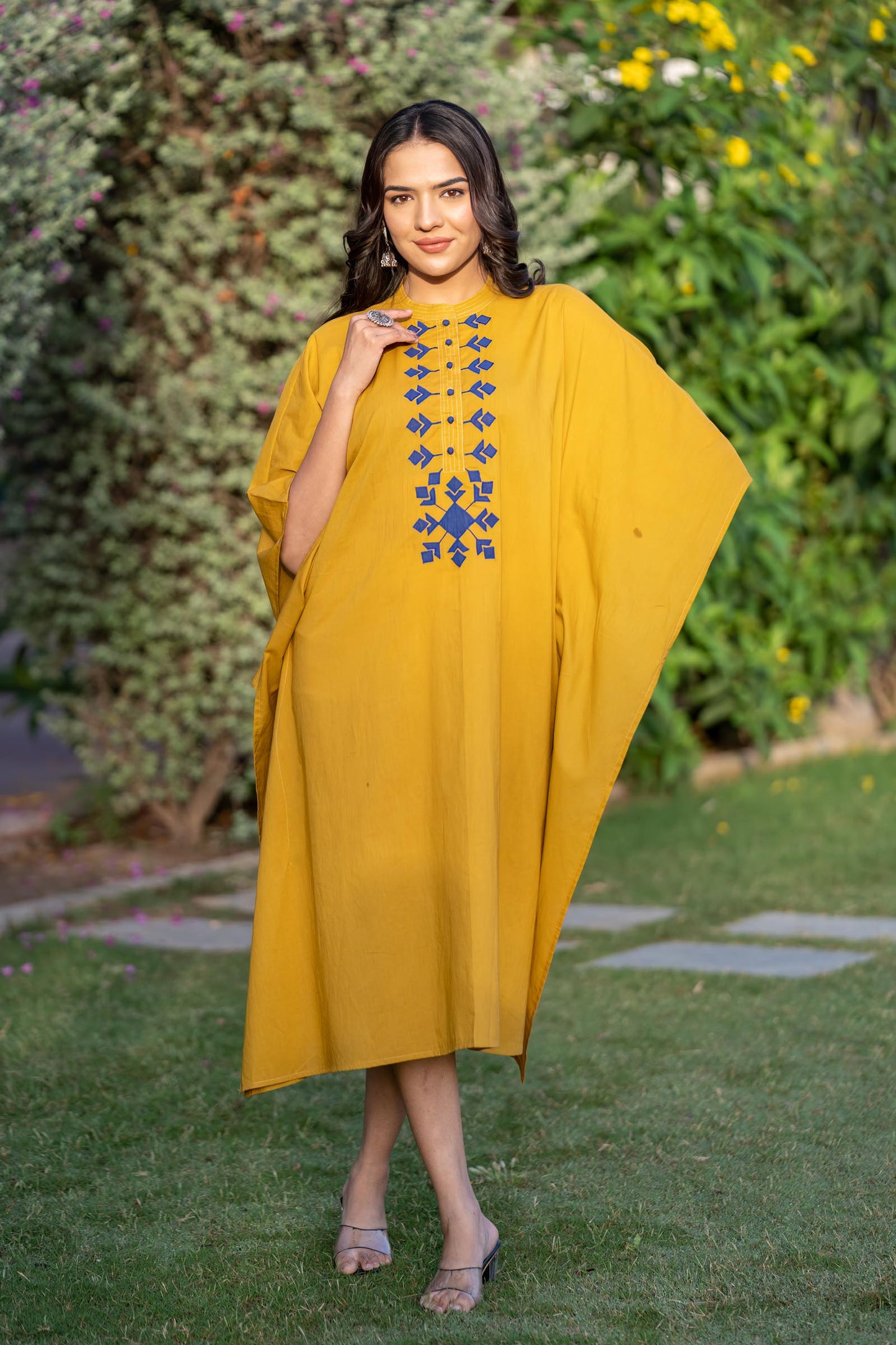 MUSTARD BLUE APPLIQUE WORK COTTON KAFTAN-NVK412