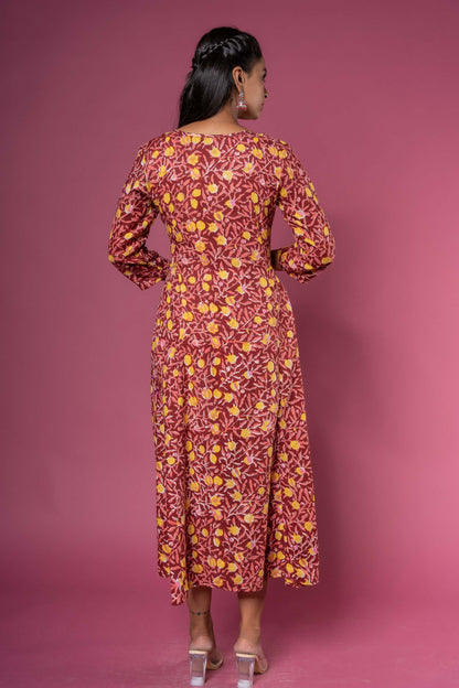 MAROON BLOCK PRINTED ANARKALI DRESS-NFD34