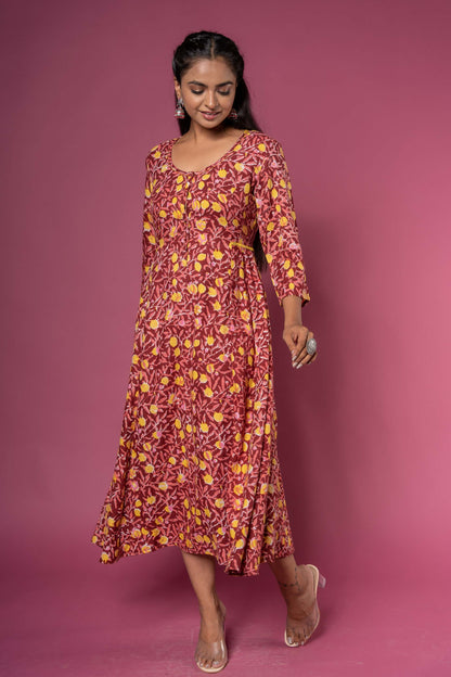 MAROON BLOCK PRINTED ANARKALI DRESS-NFD34